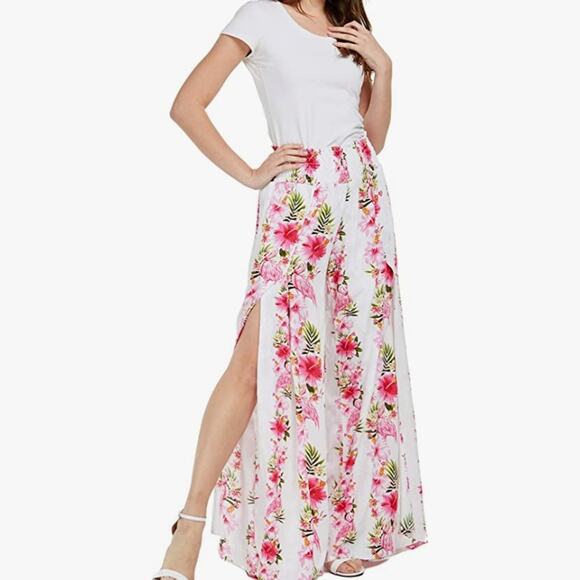 Hawaii Hangover Pants - Hawaii Hangover Lady High Slit Hibiscus Pink Floral Wide Leg Pants L/XL